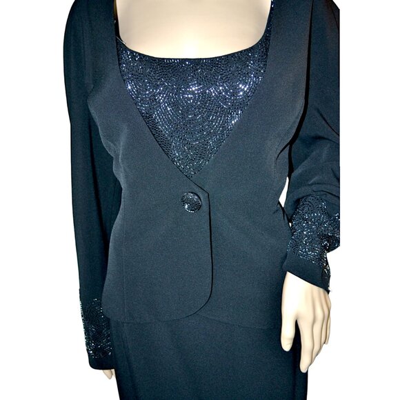Daymor Couture 80s Black Sequin Maxi Sheath Cocktail Dress Peplum Blazer Suit 12 - Picture 9 of 11